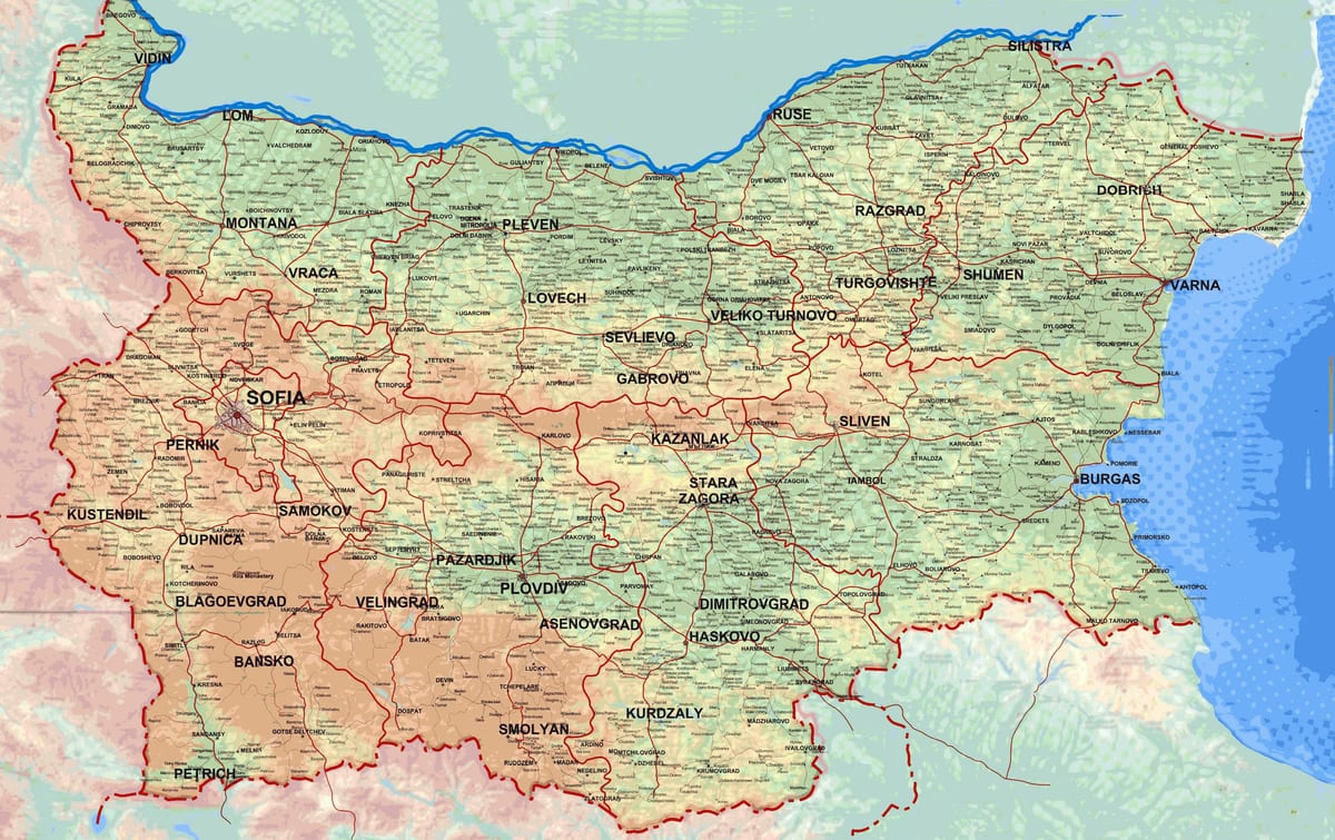 karta med detaljerad karta över Bulgarien